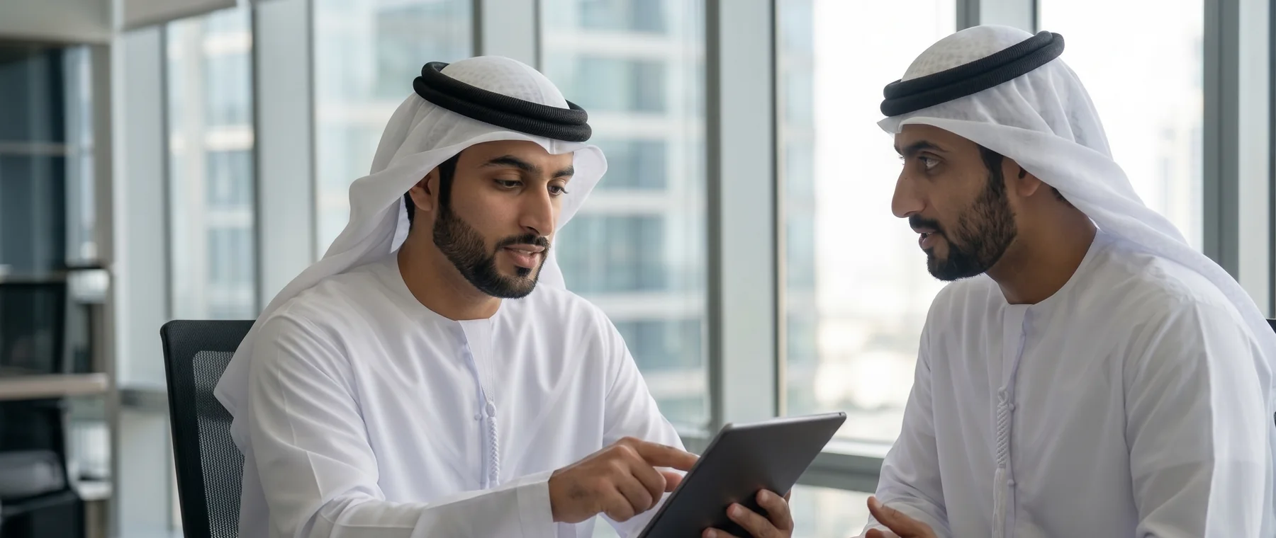Two business owners reviewing a readiness assessment together on a tablet